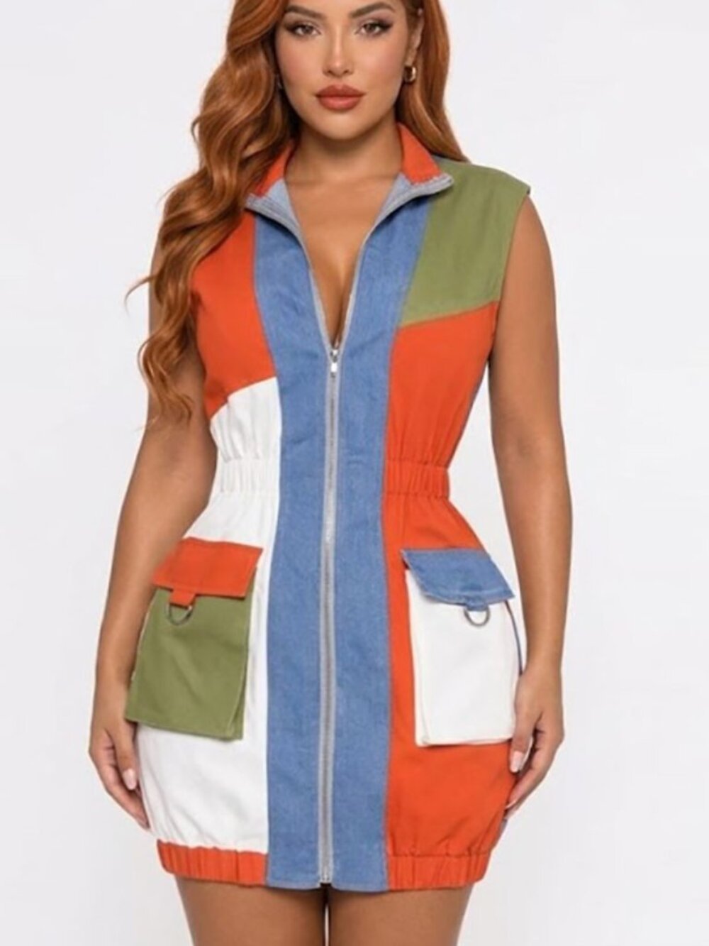 Colorblock Front Zipper Mini Dress